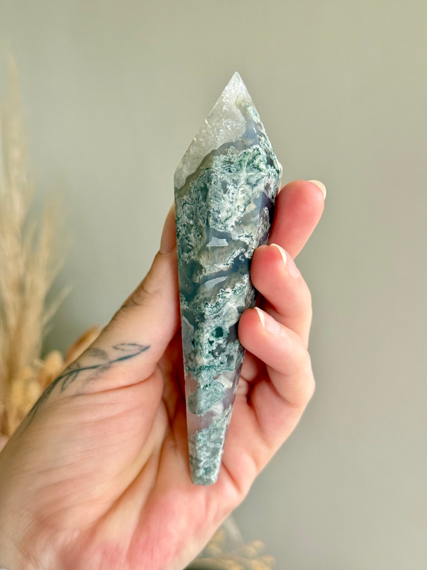 Moss Agate and Quartz Wand