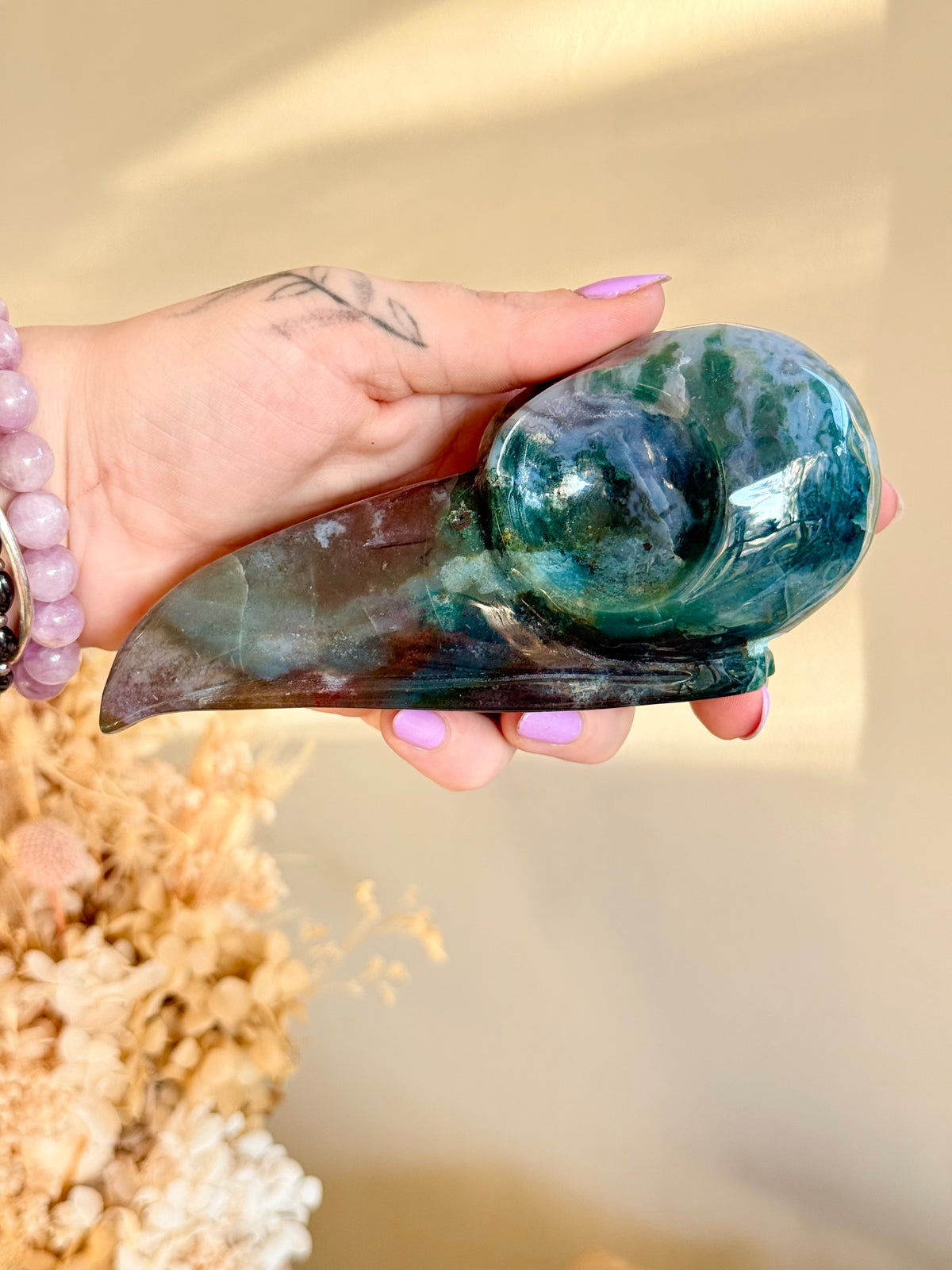 Colourful Moss Agate Corvid / Crow Skull
