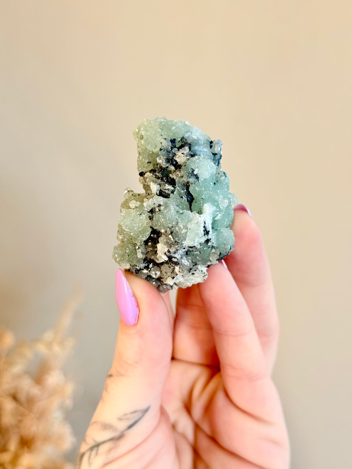 Raw Prehnite with Tourmaline and Quartz