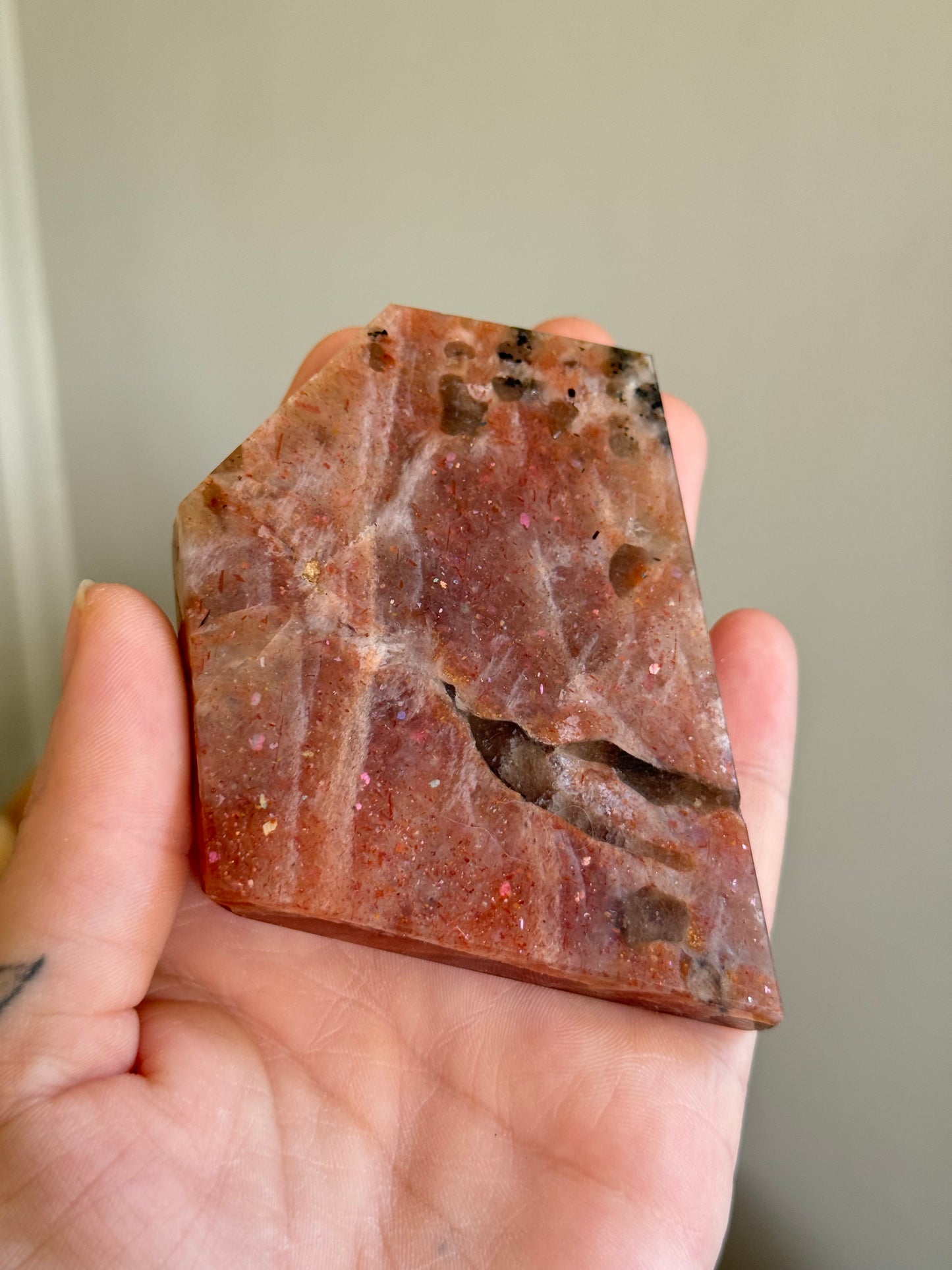 Sunstone Moonstone slab with Smoky Quartz