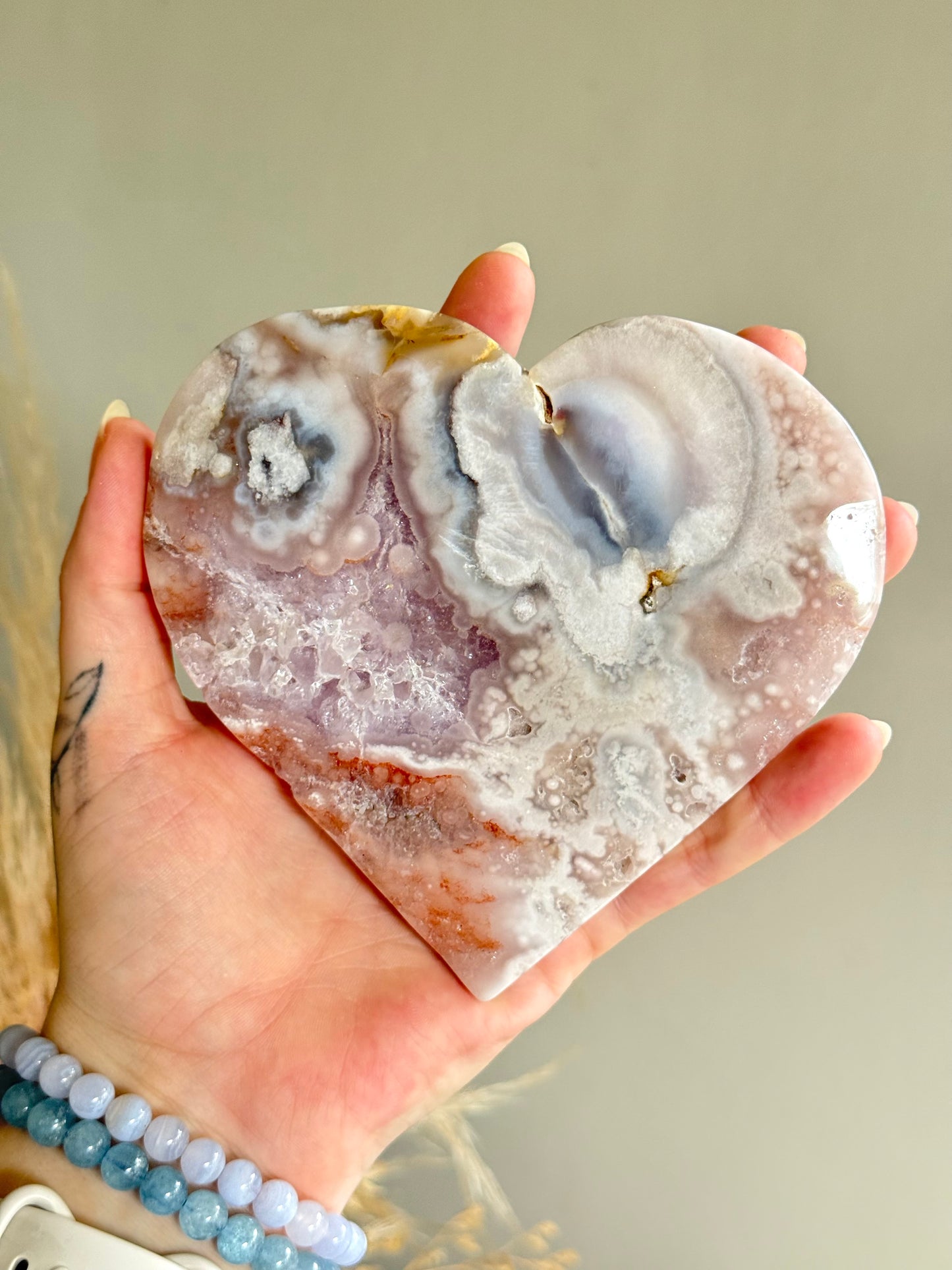 Pink Amethyst and Flower Agate Heart