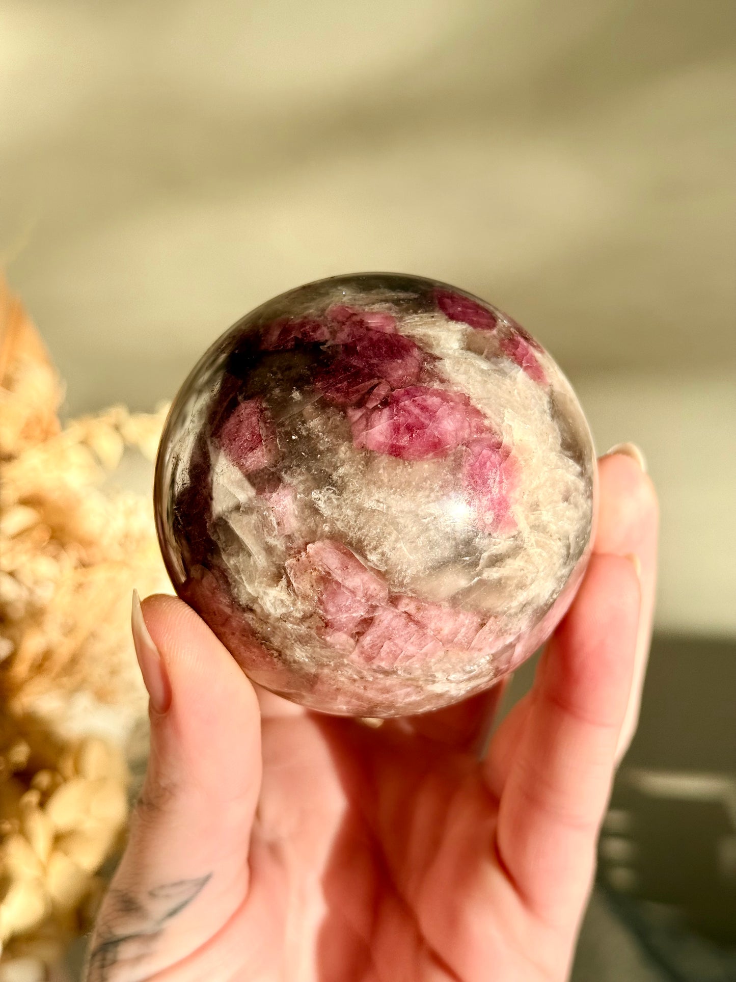 Pink Tourmaline in Smoky Quartz Sphere