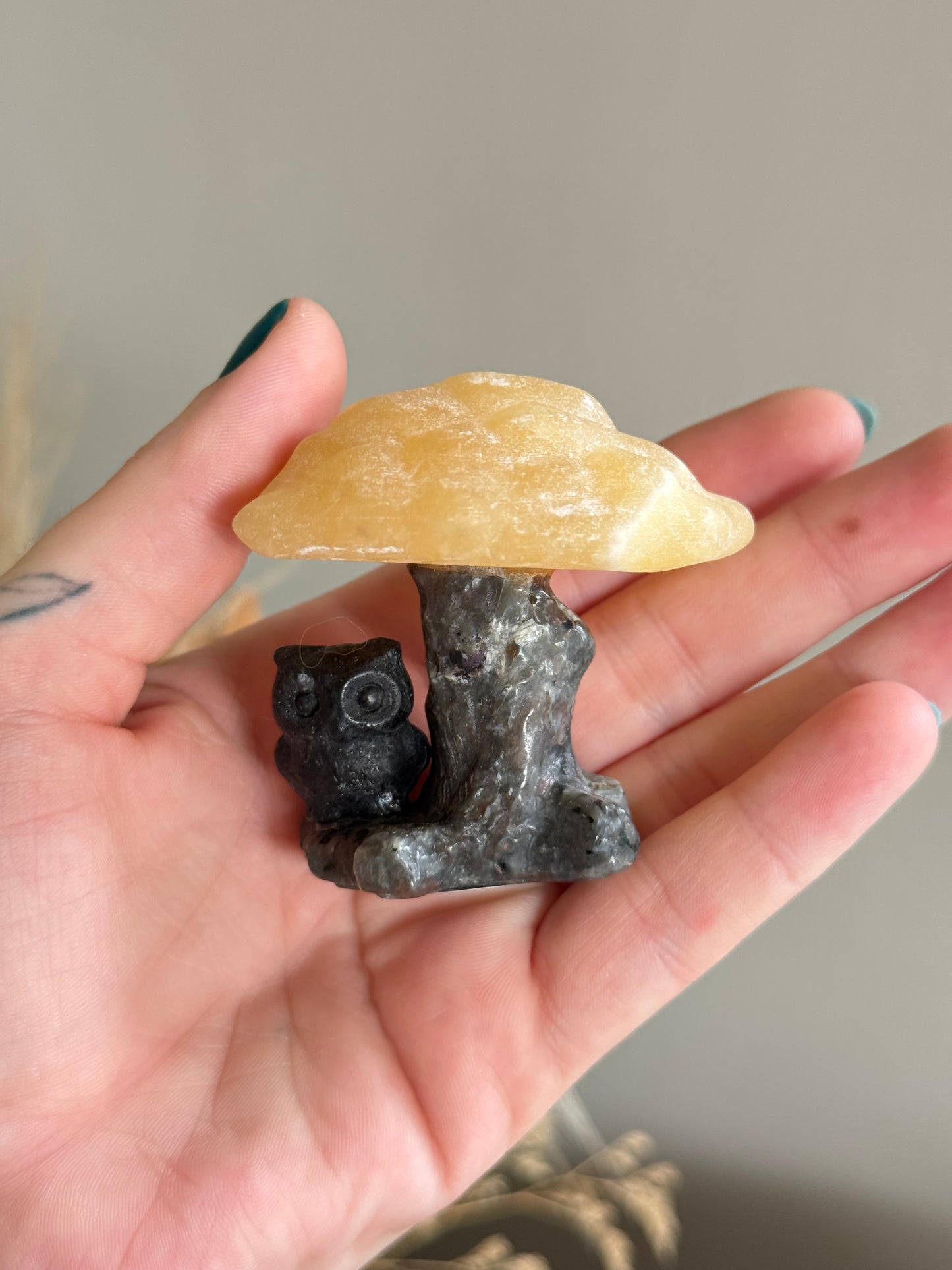 Obsidian Owl on Yooperlite and Yellow Calcite Tree