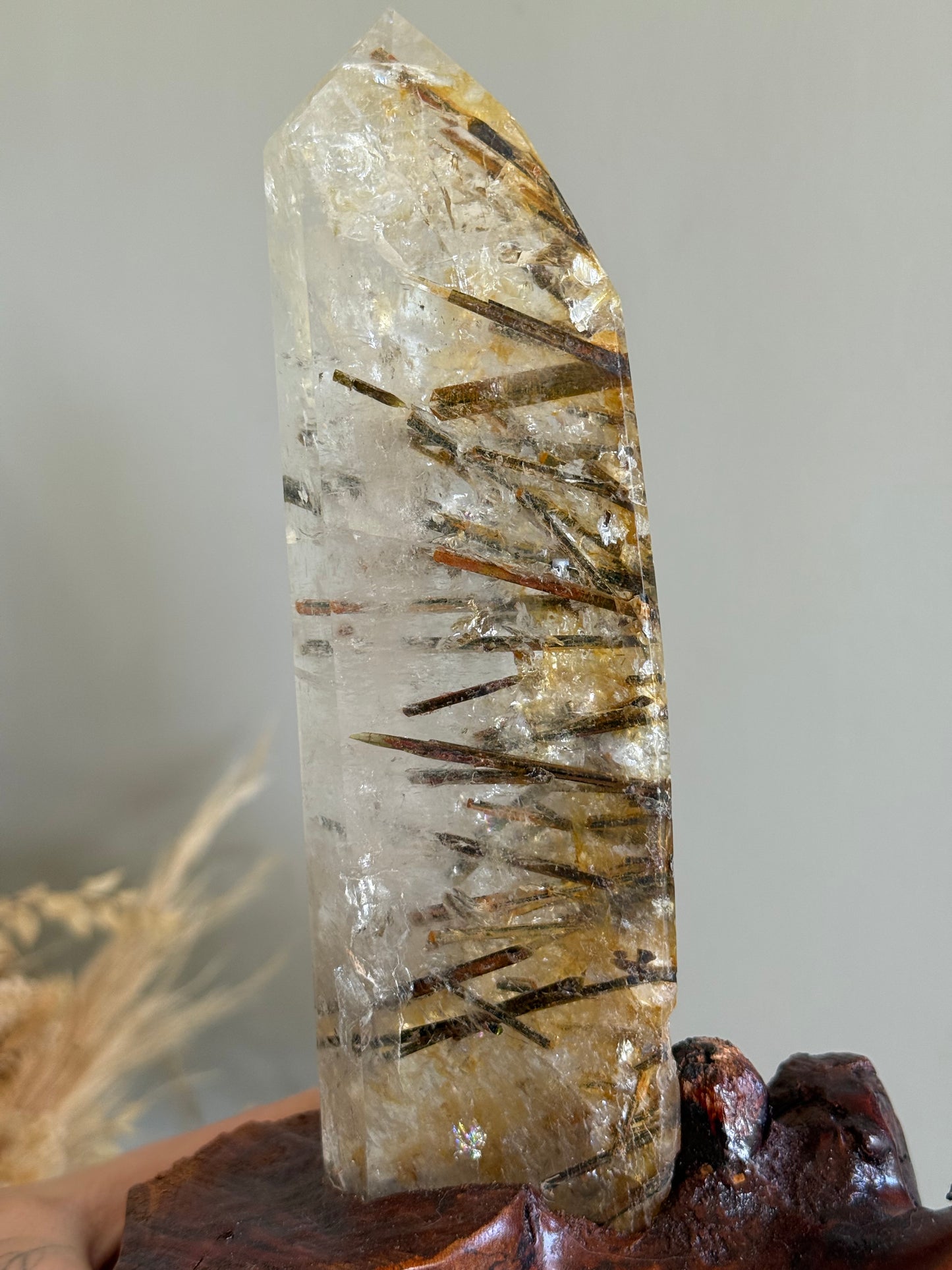 Green Tourmaline in Quartz with Stand