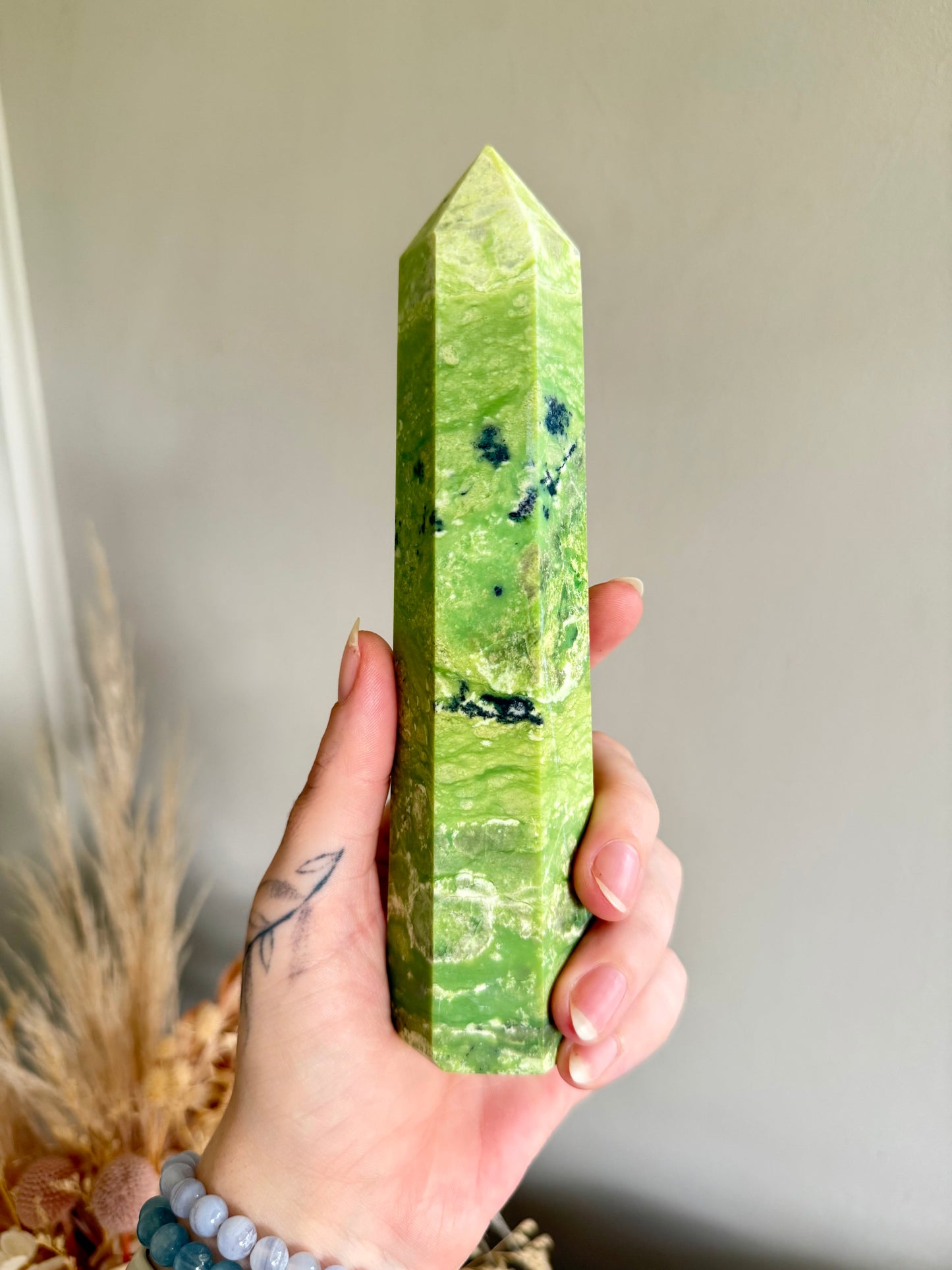 Green Opal and Hematite Point