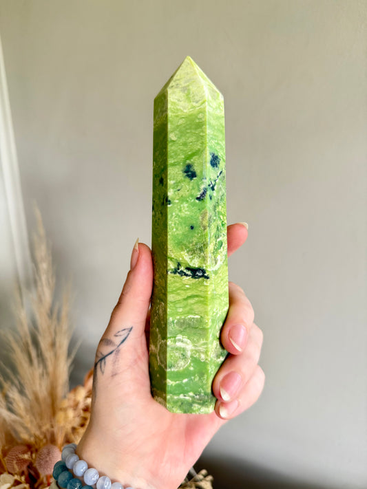 Green Opal and Hematite Point