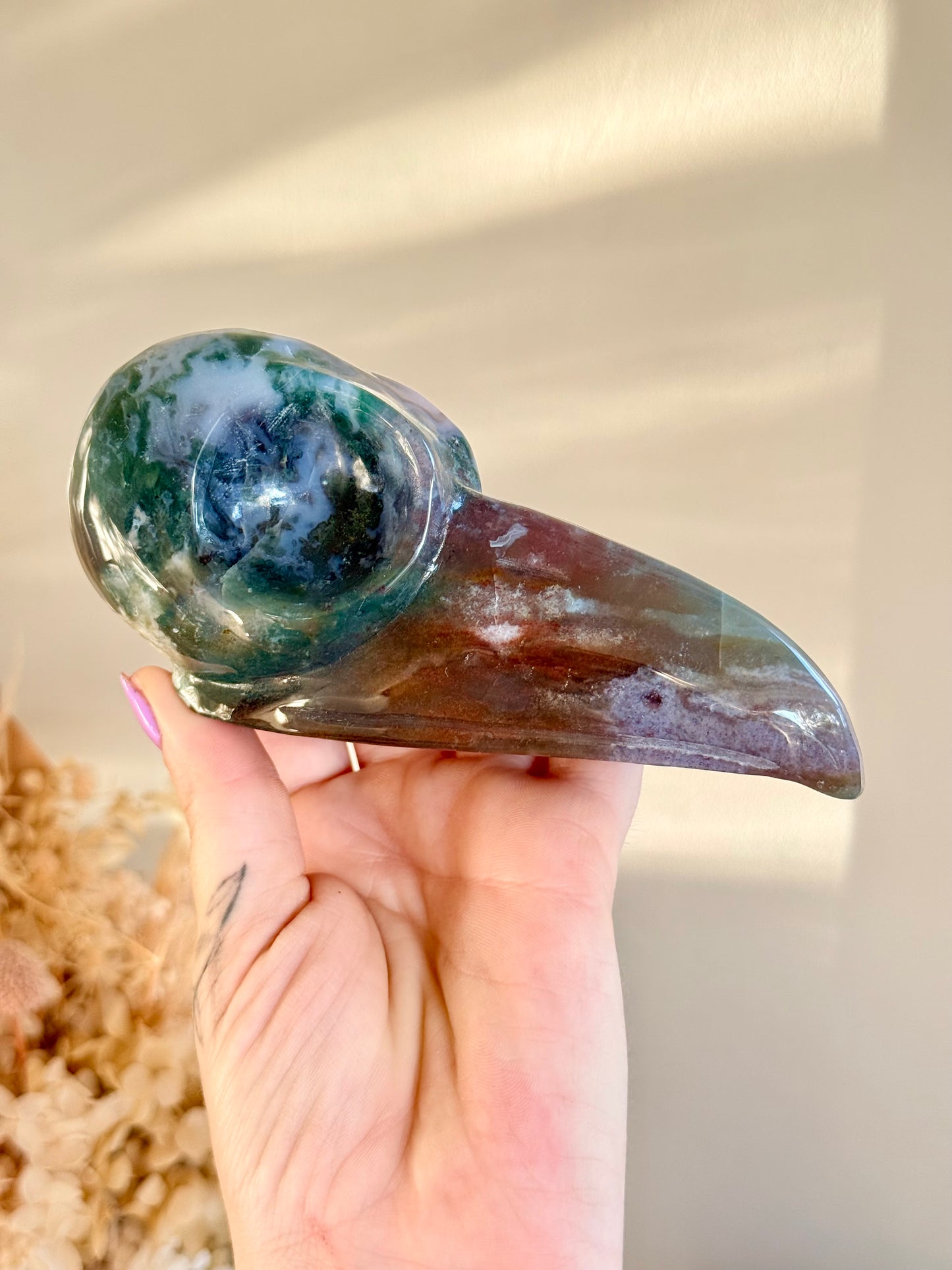 Colourful Moss Agate Corvid / Crow Skull