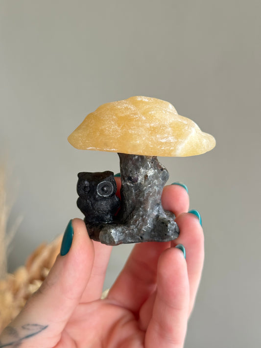 Obsidian Owl on Yooperlite and Yellow Calcite Tree