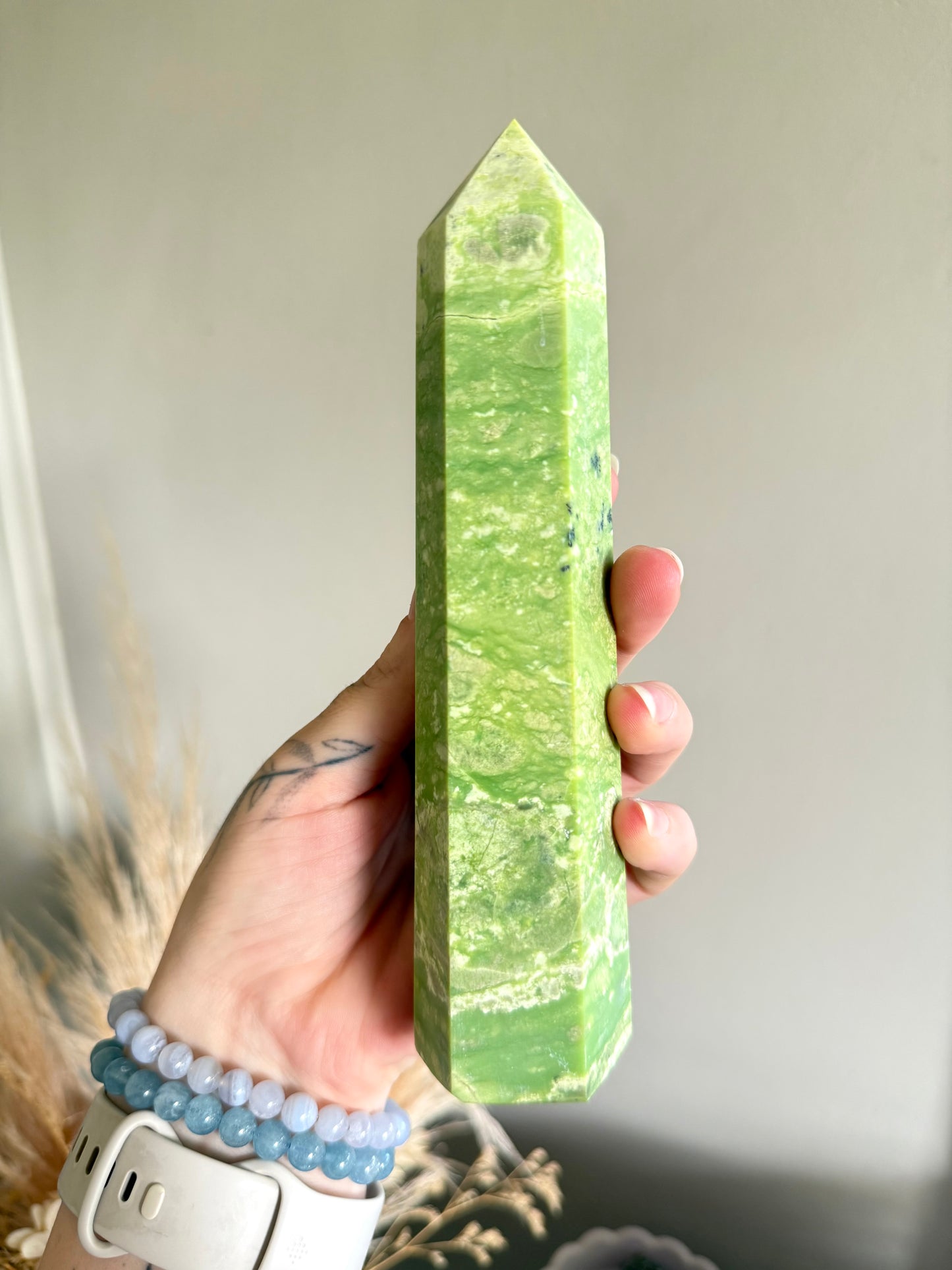 Green Opal and Hematite Point