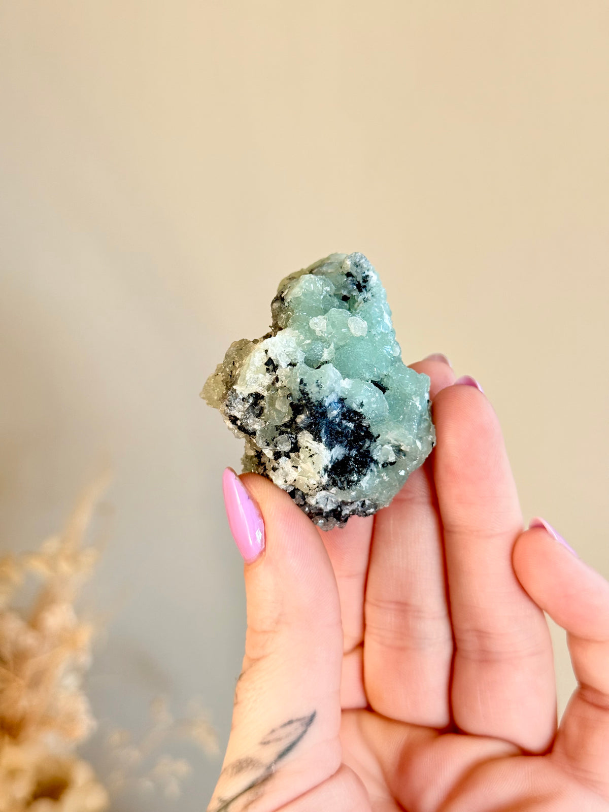 Raw Prehnite with Tourmaline and Quartz
