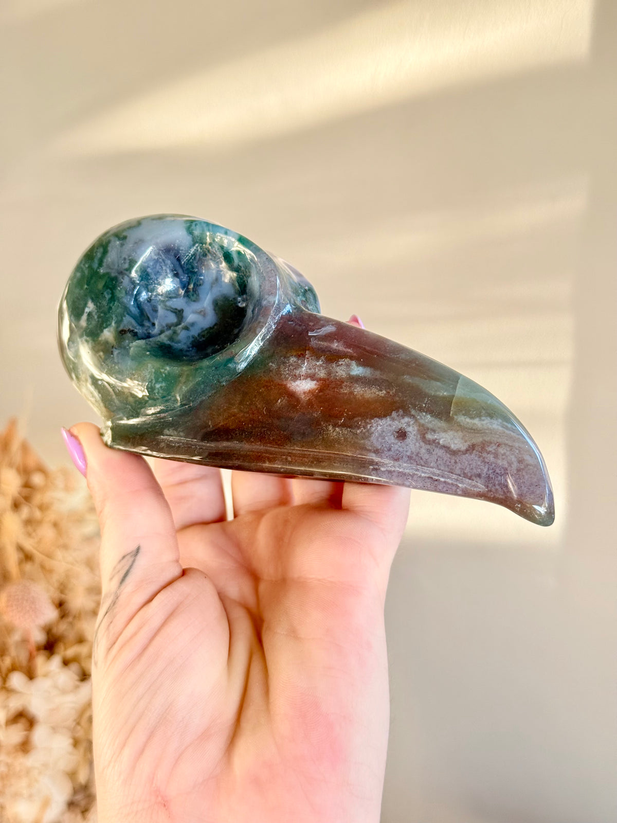 Colourful Moss Agate Corvid / Crow Skull