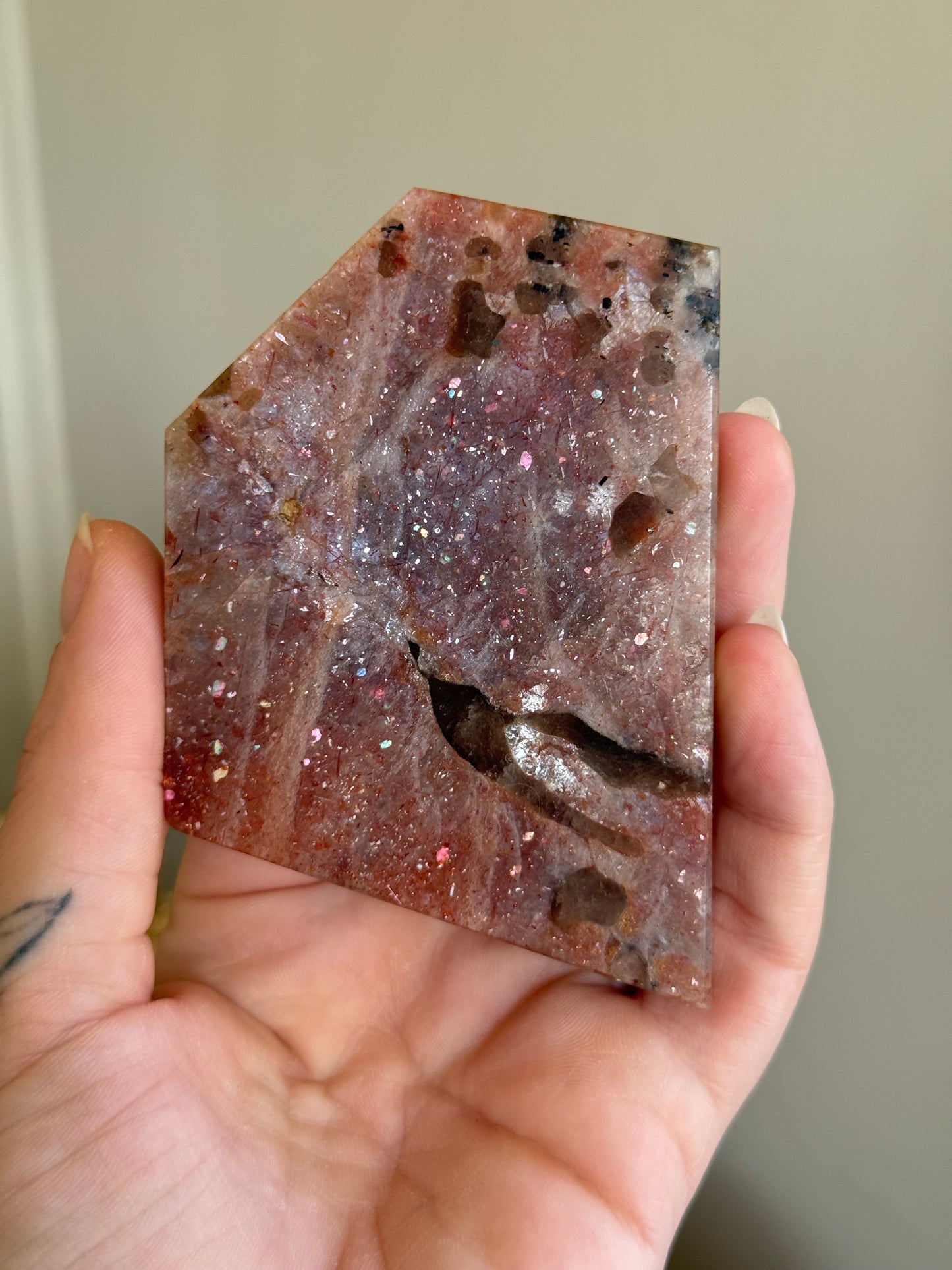Sunstone Moonstone slab with Smoky Quartz
