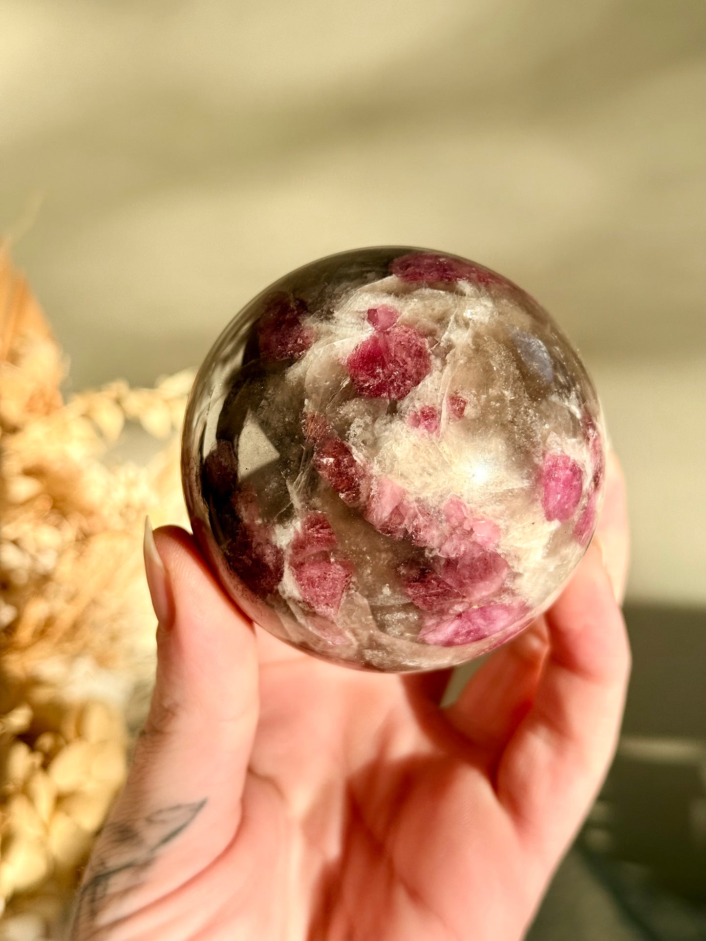 Pink Tourmaline in Smoky Quartz Sphere