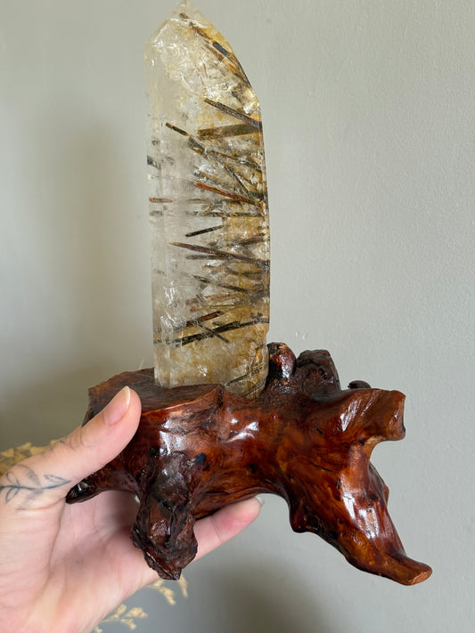 Green Tourmaline in Quartz with Stand