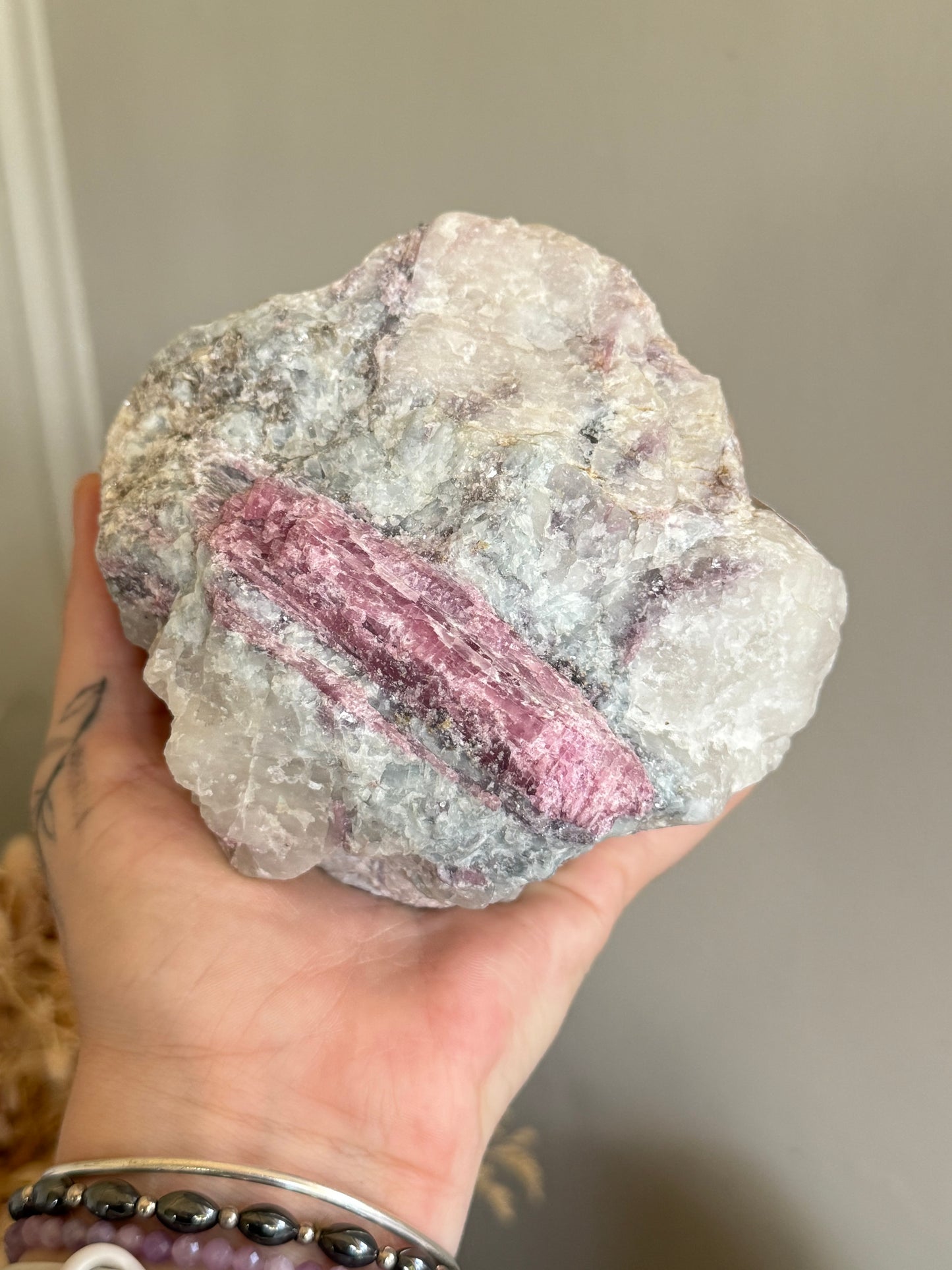 Raw Pink Tourmaline and Aquamarine in Quartz