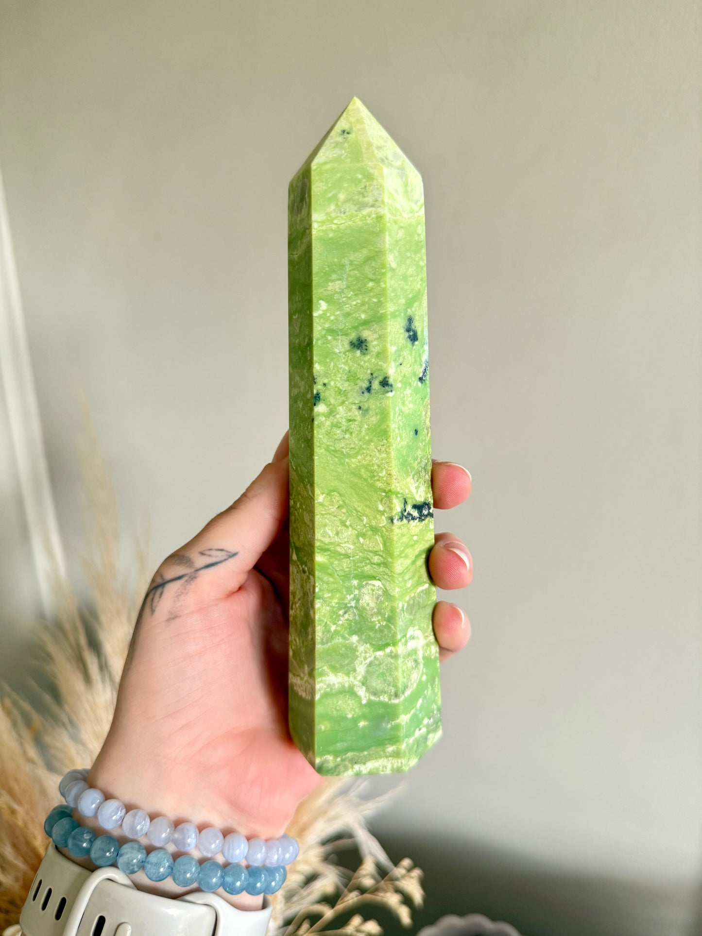 Green Opal and Hematite Point