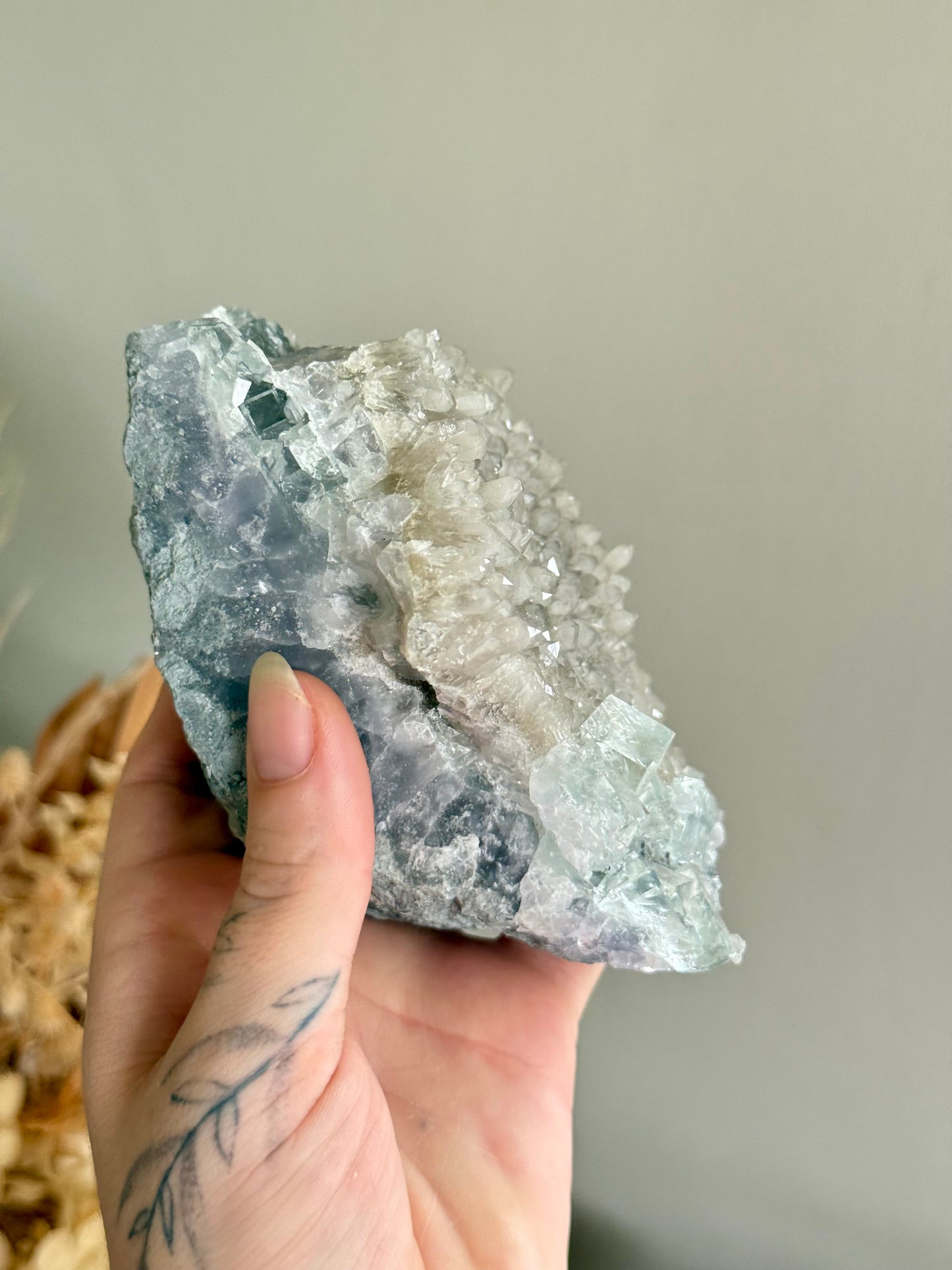 Blue Cubic Fluorite on Smoky Quartz Heart Cluster