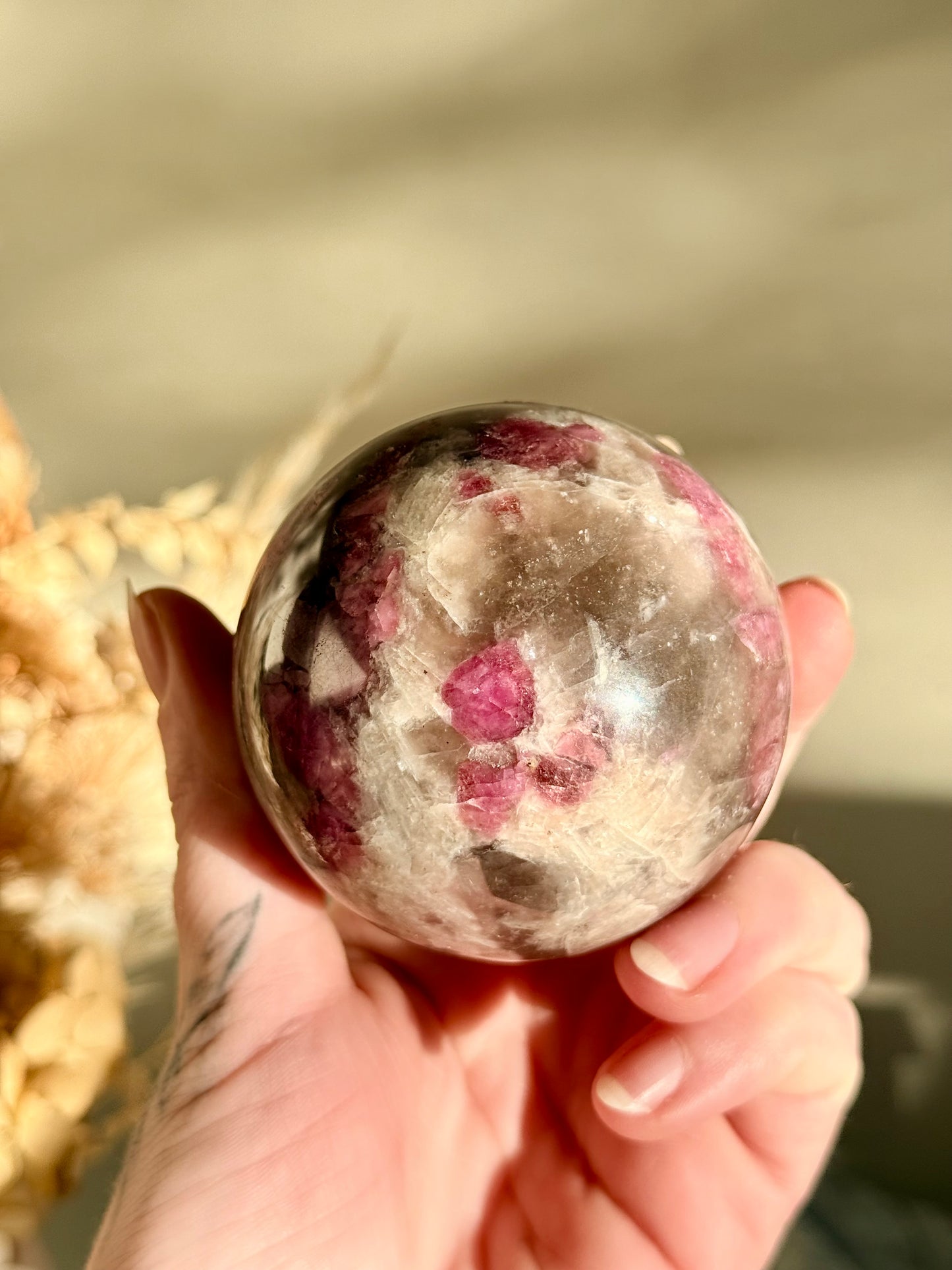 Pink Tourmaline in Smoky Quartz Sphere
