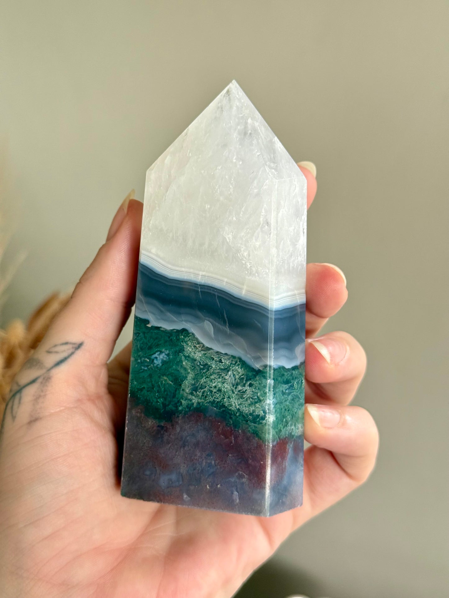 Colourful Moss Agate and Quartz Tower
