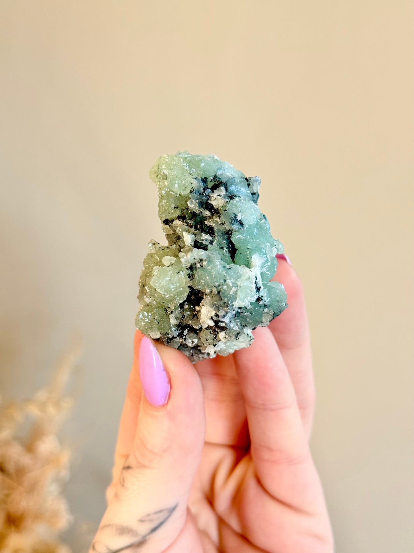 Raw Prehnite with Tourmaline and Quartz