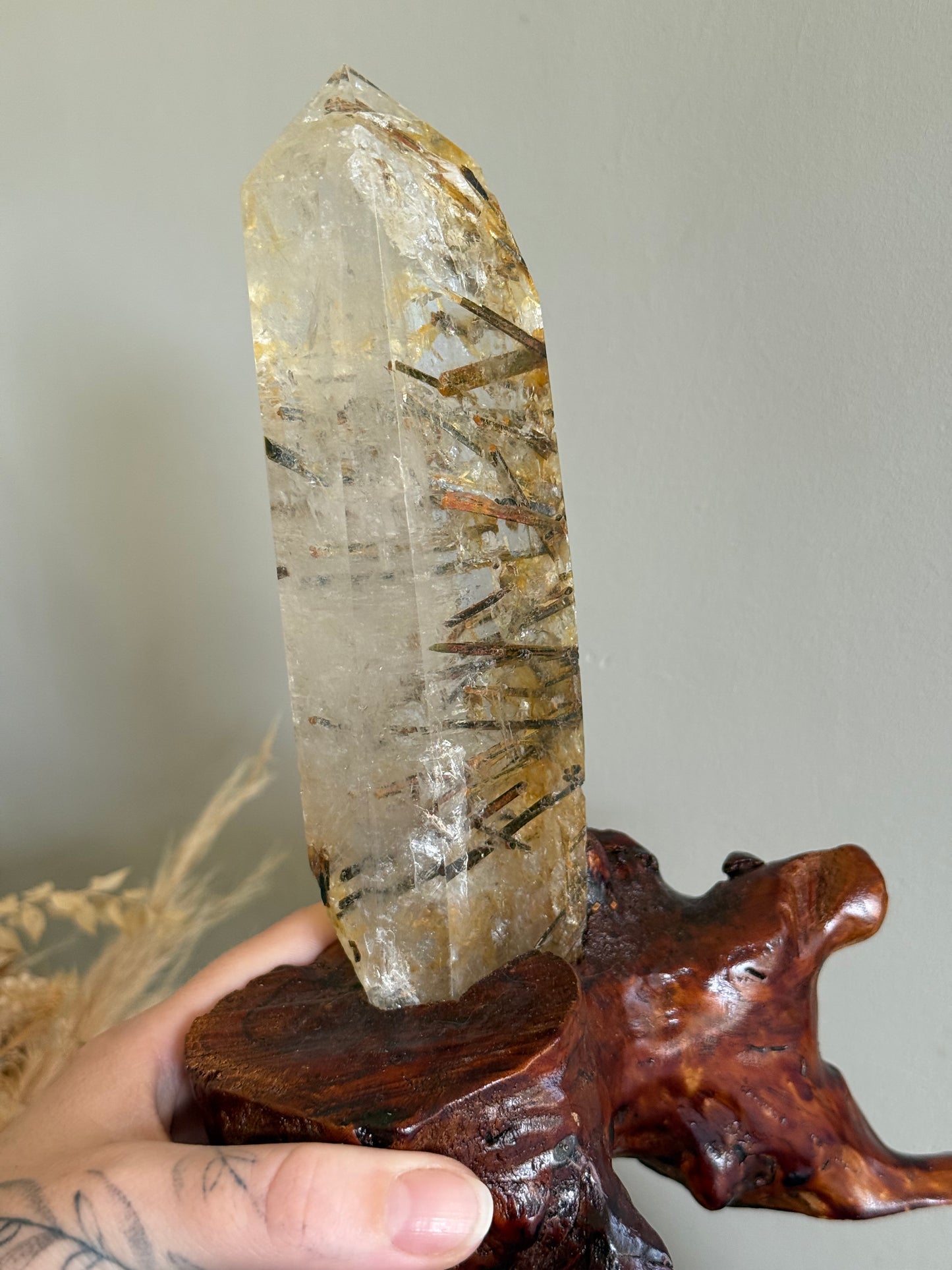 Green Tourmaline in Quartz with Stand