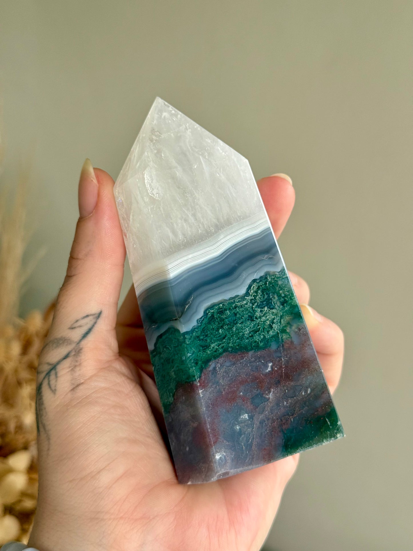 Colourful Moss Agate and Quartz Tower