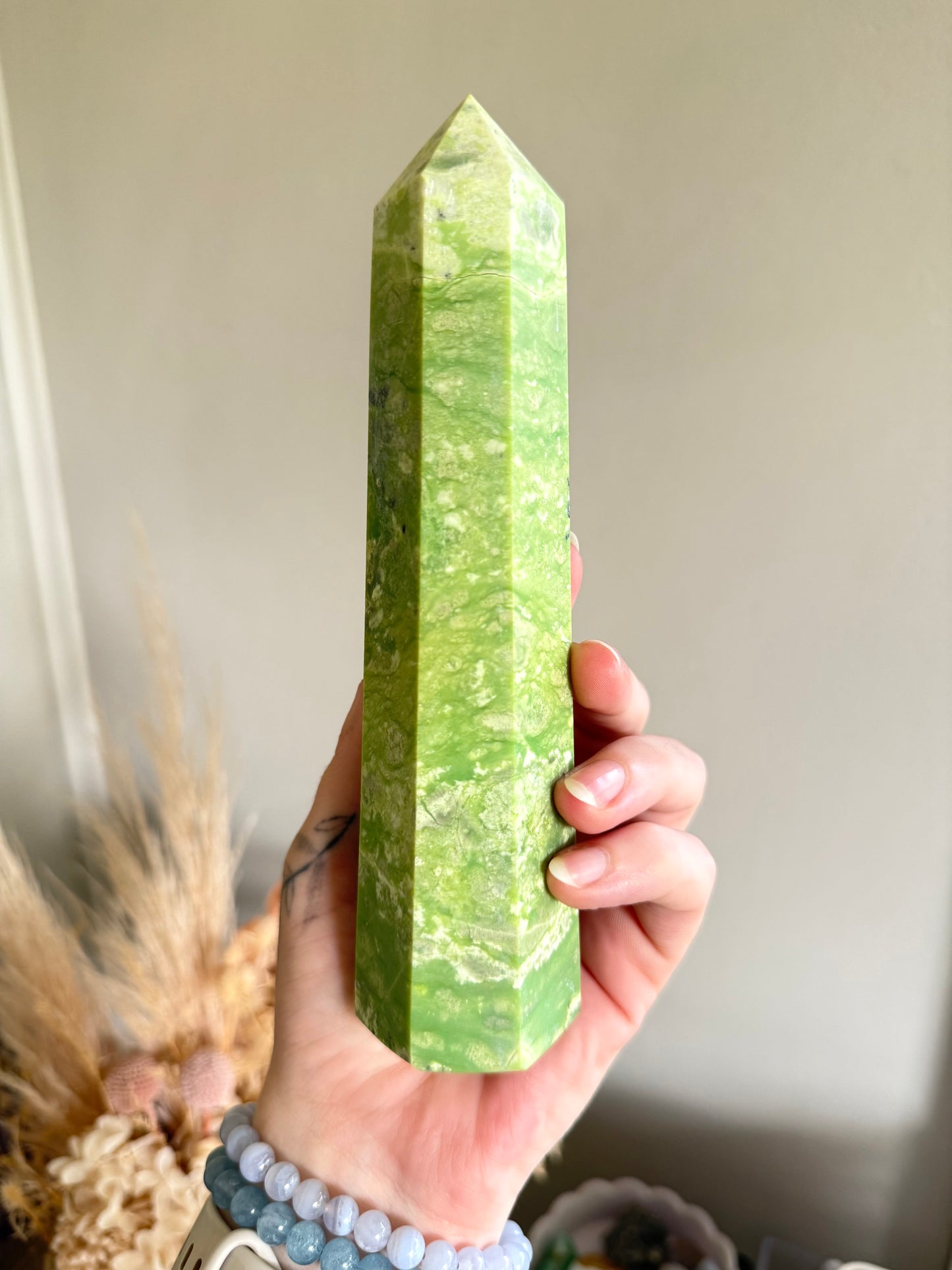 Green Opal and Hematite Point