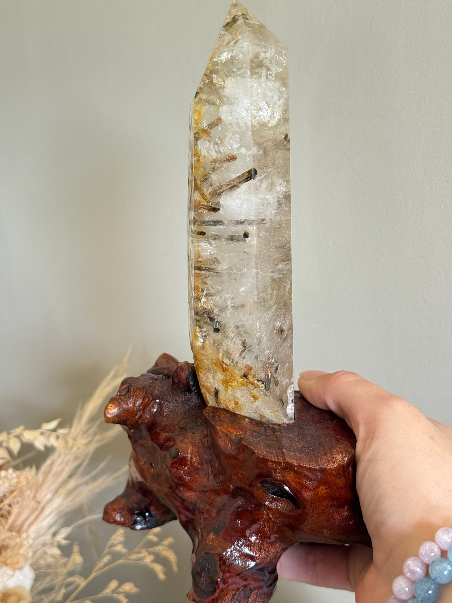 Green Tourmaline in Quartz with Stand