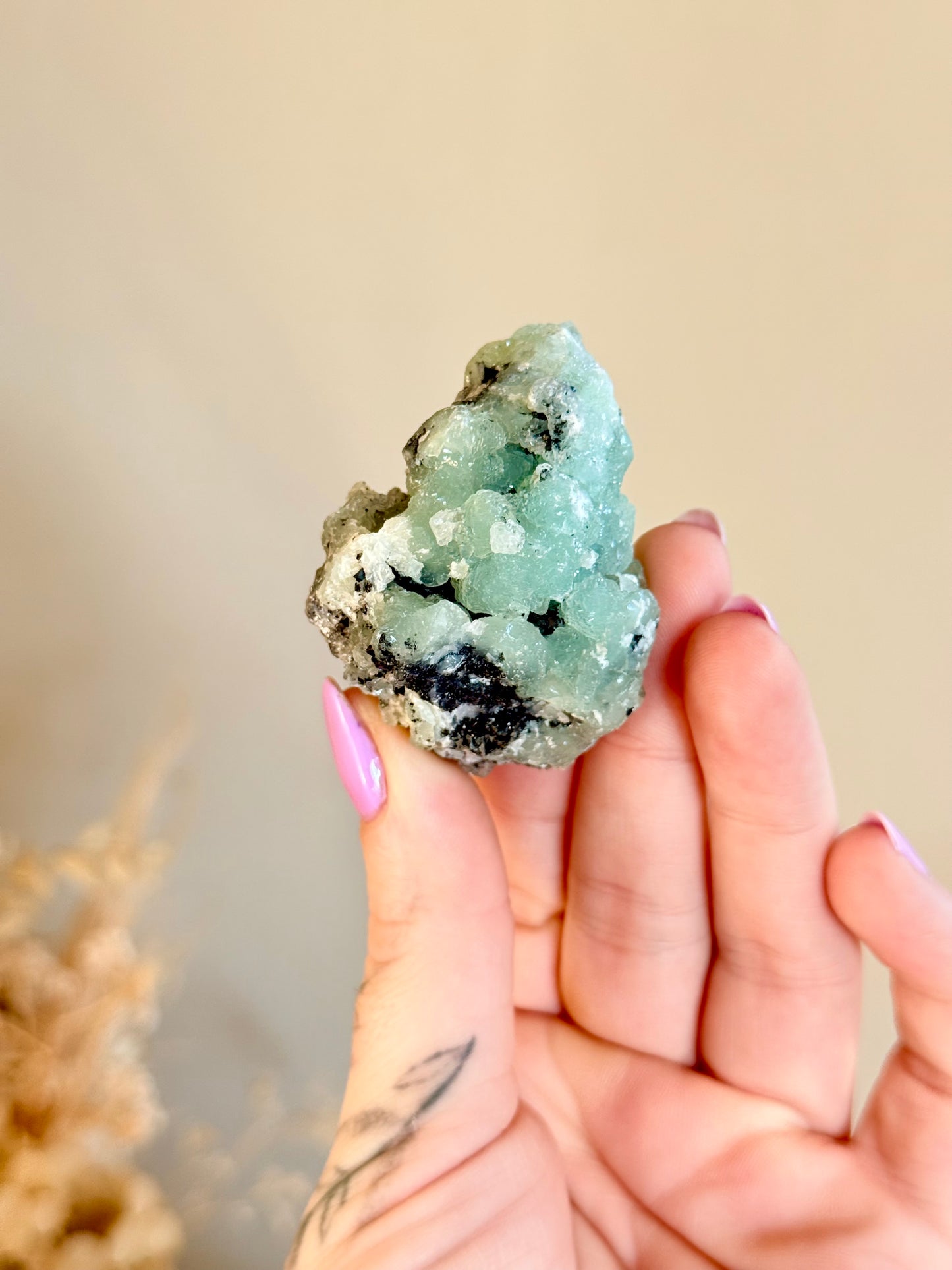 Raw Prehnite with Tourmaline and Quartz