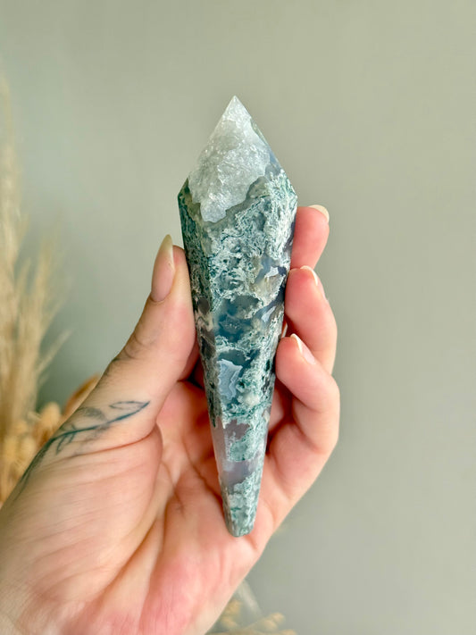 Moss Agate and Quartz Wand