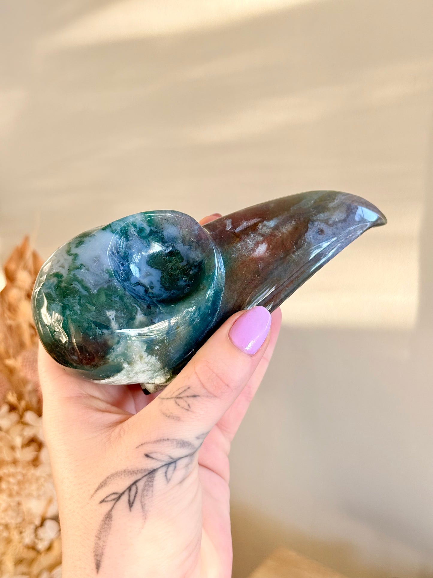 Colourful Moss Agate Corvid / Crow Skull