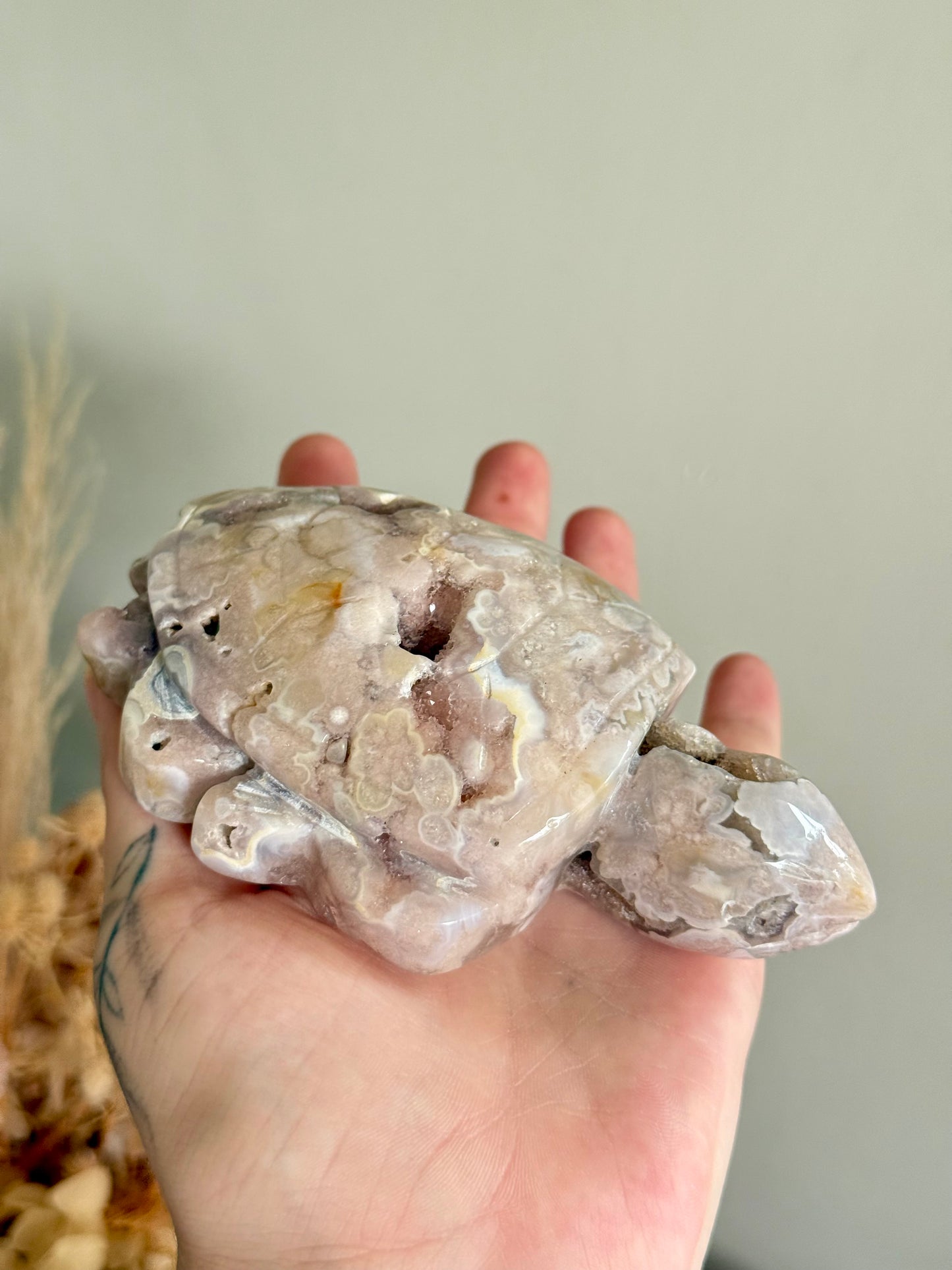 Pink Amethyst and Flower Agate Turtle