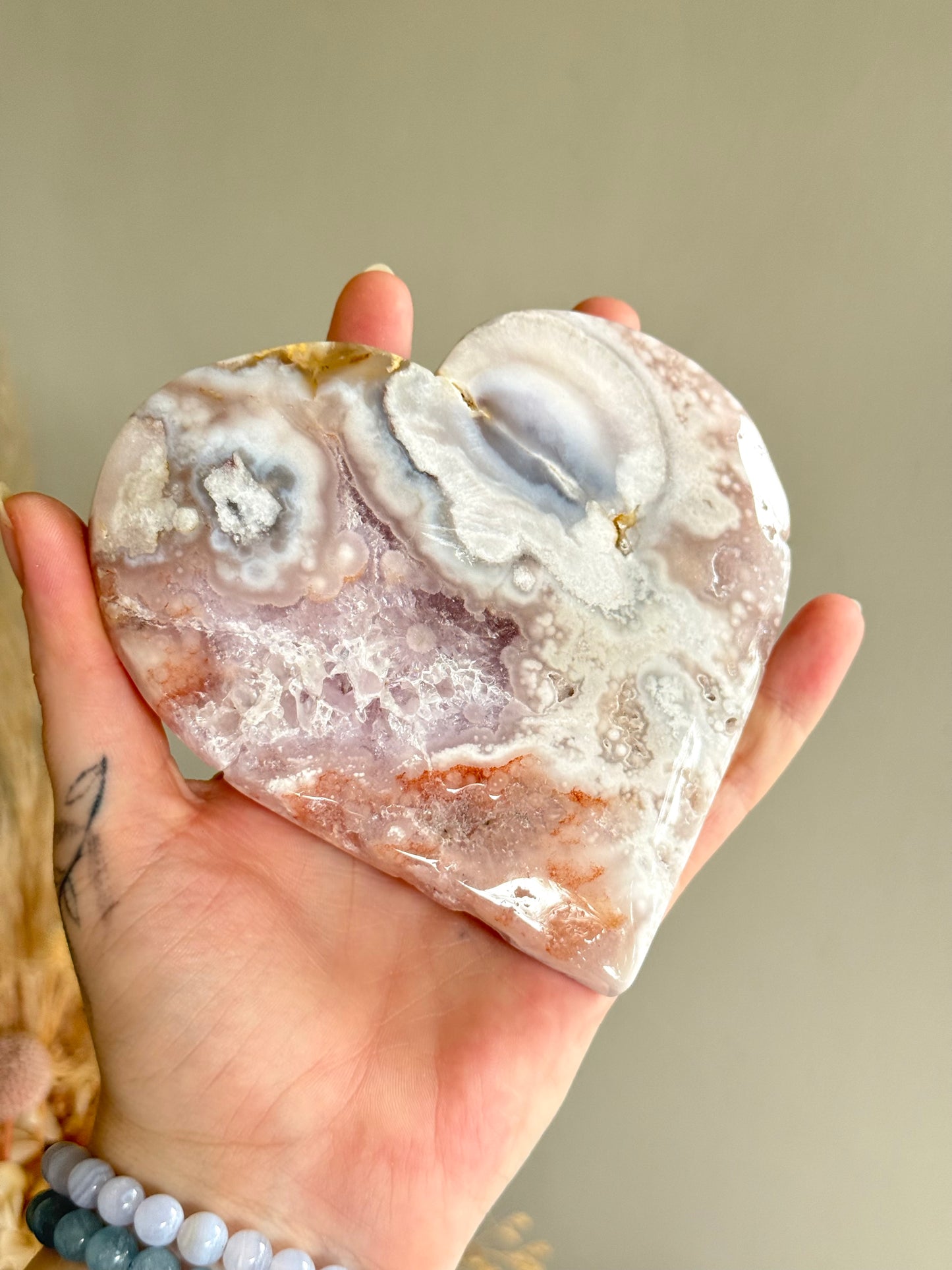 Pink Amethyst and Flower Agate Heart