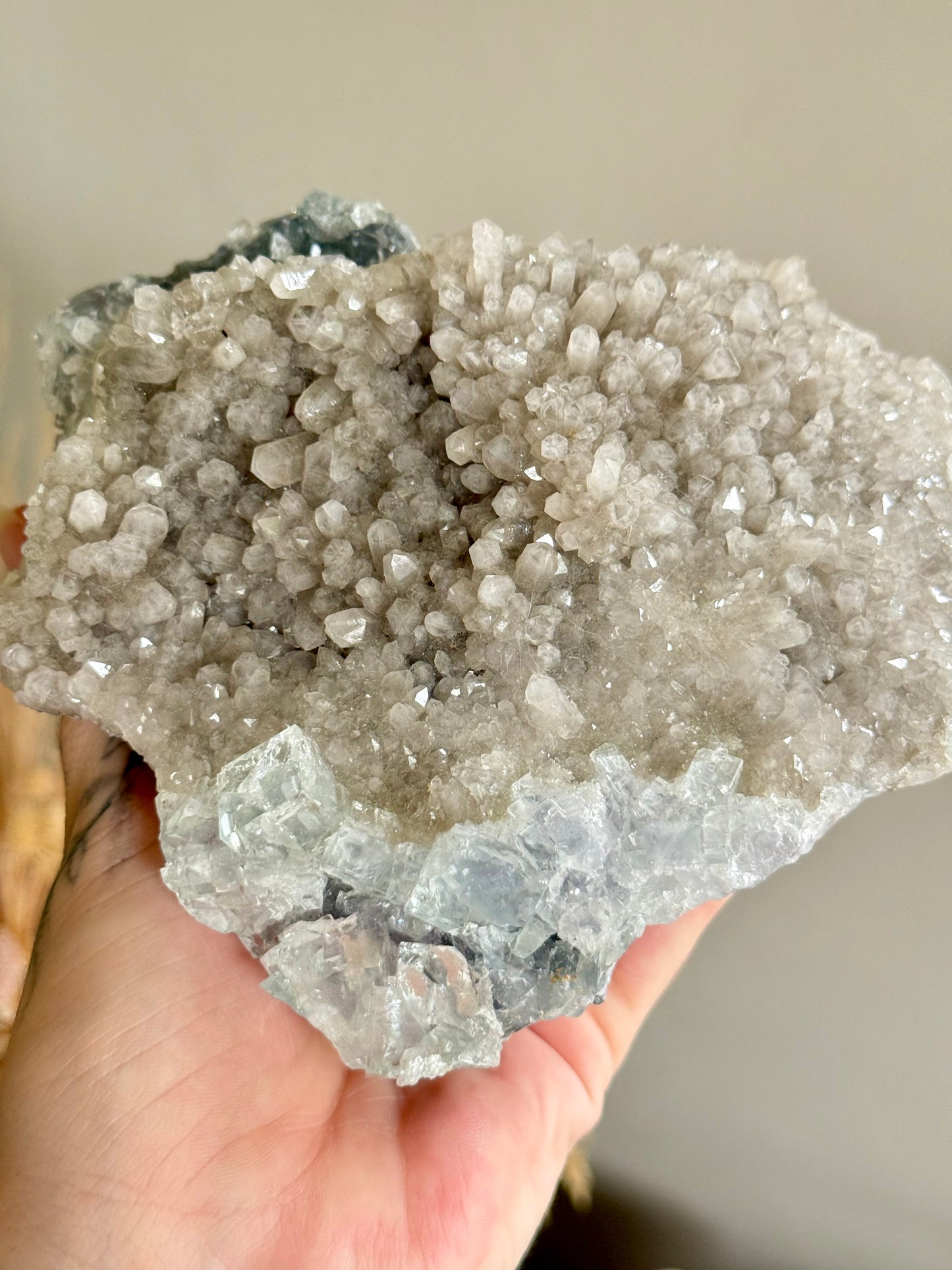 Blue Cubic Fluorite on Smoky Quartz Heart Cluster