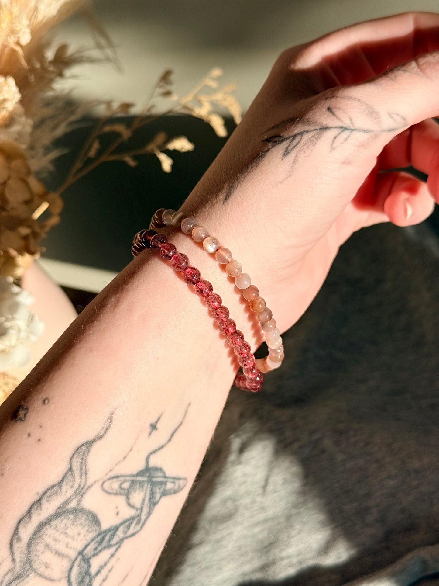 Moonstone and Strawberry Quartz Bracelets
