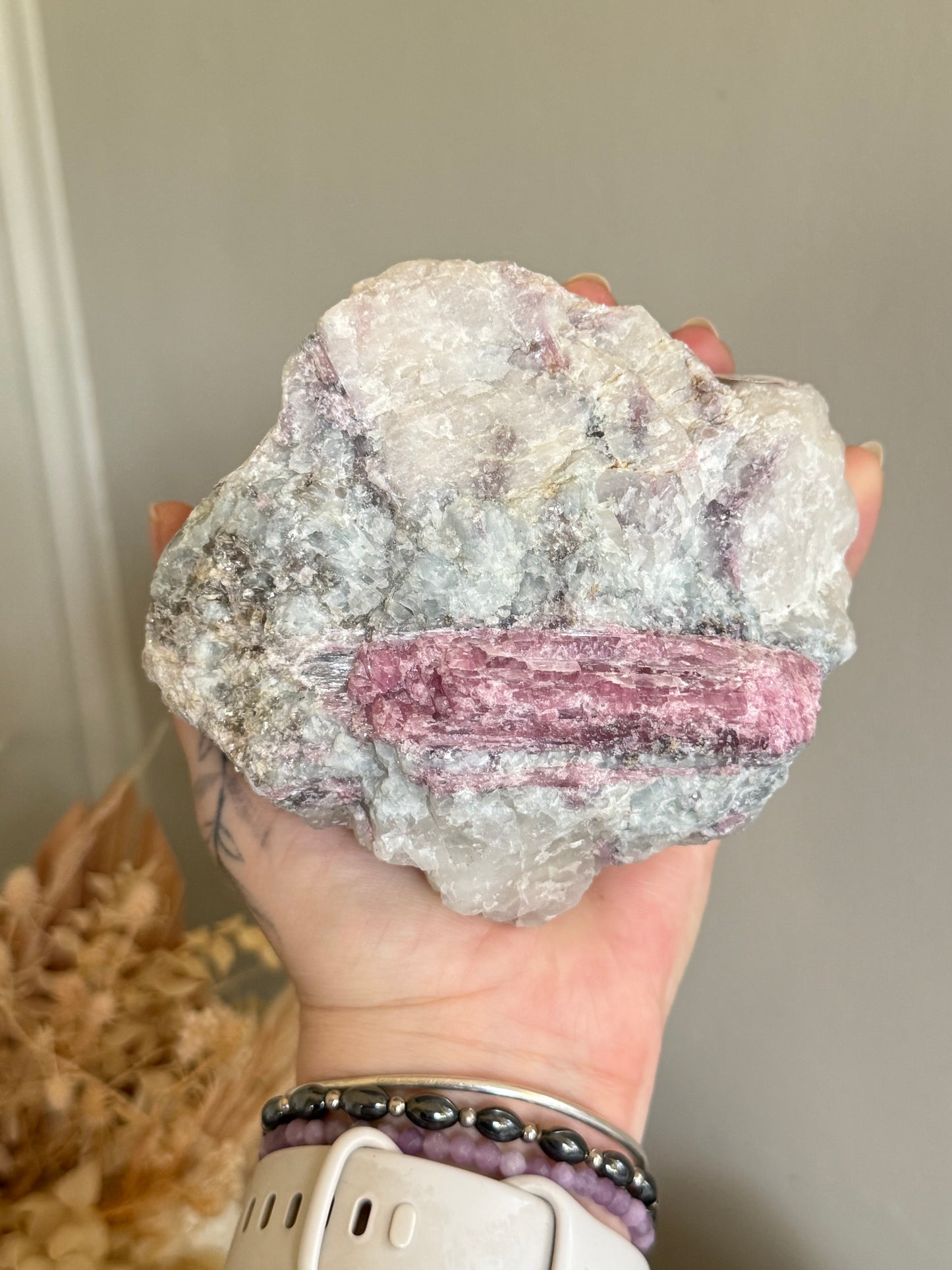 Raw Pink Tourmaline and Aquamarine in Quartz