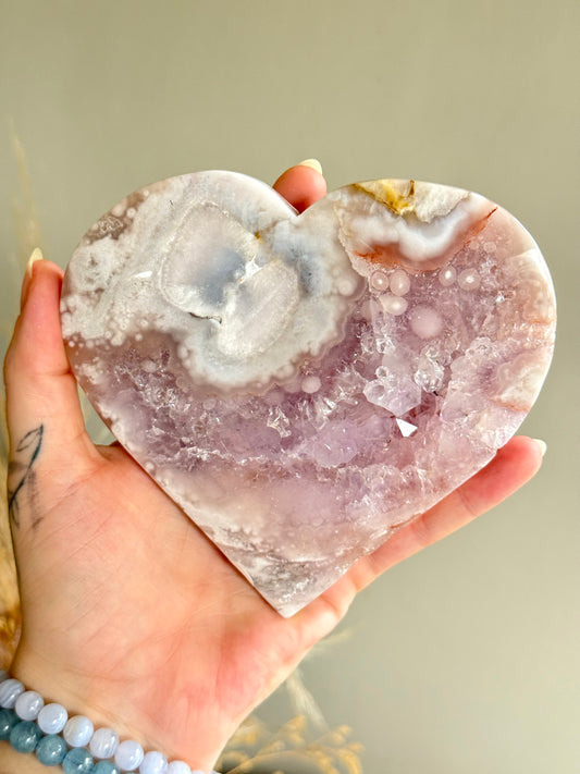 Pink Amethyst and Flower Agate Heart