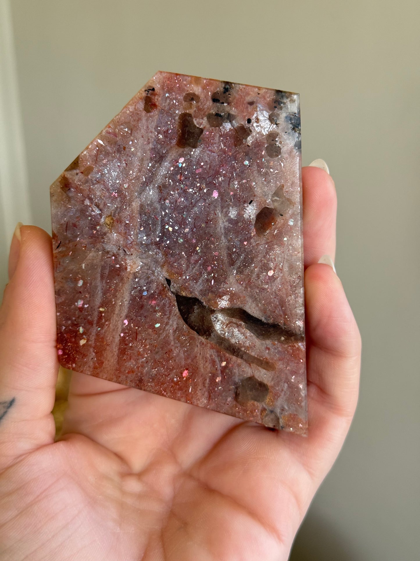 Sunstone Moonstone slab with Smoky Quartz