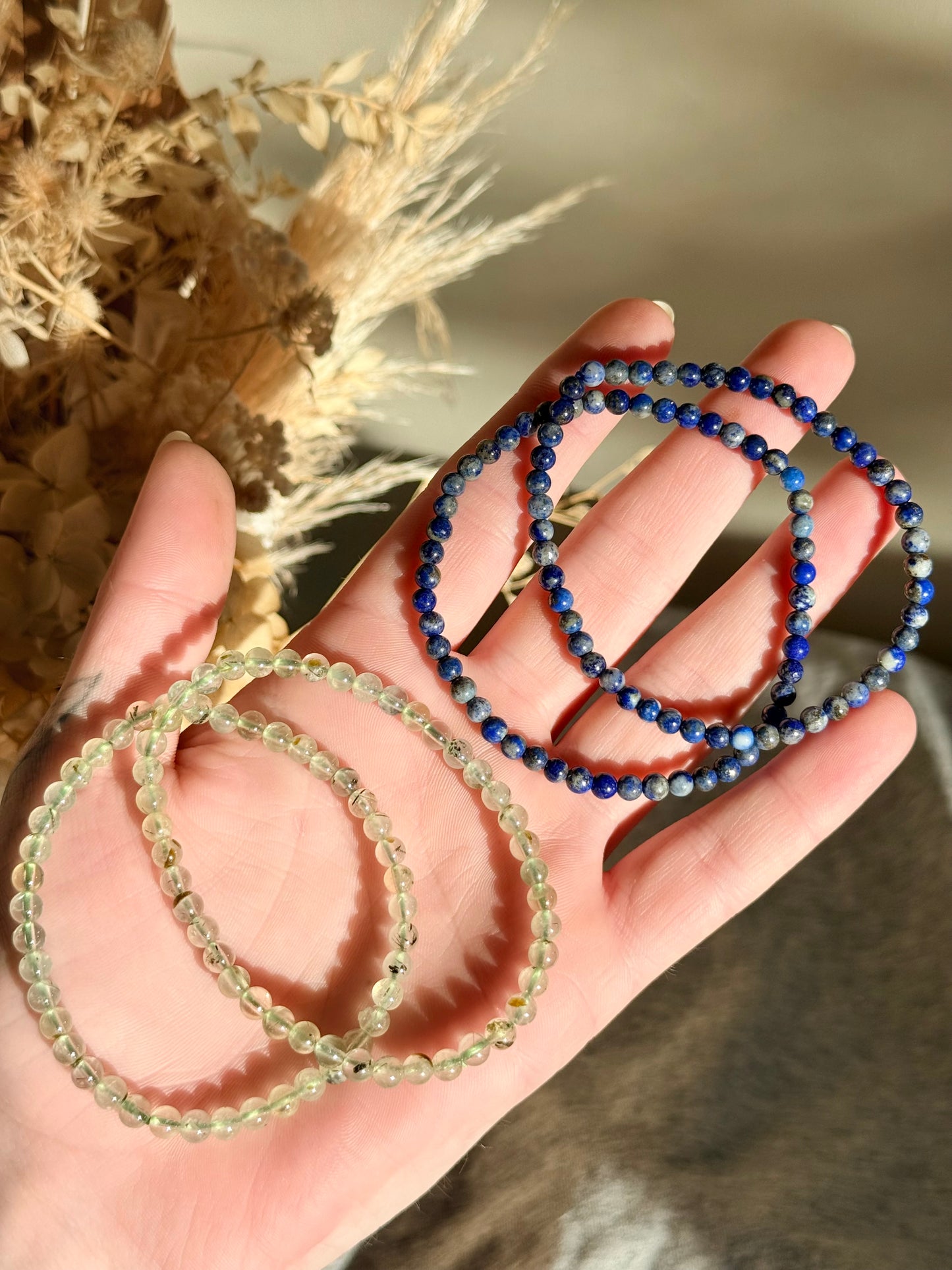 Prehnite and Lapis Lazuli Bracelets