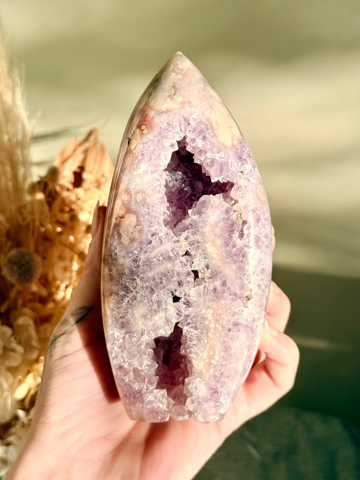 Pink and Purple Amethyst with Flower Agate Cave