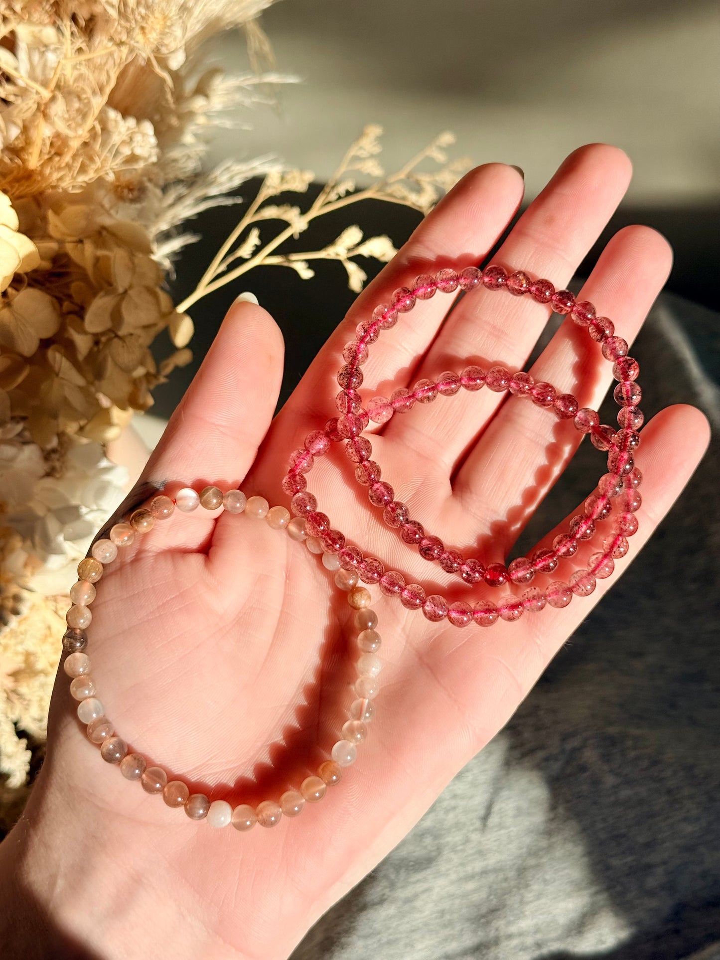 Moonstone and Strawberry Quartz Bracelets