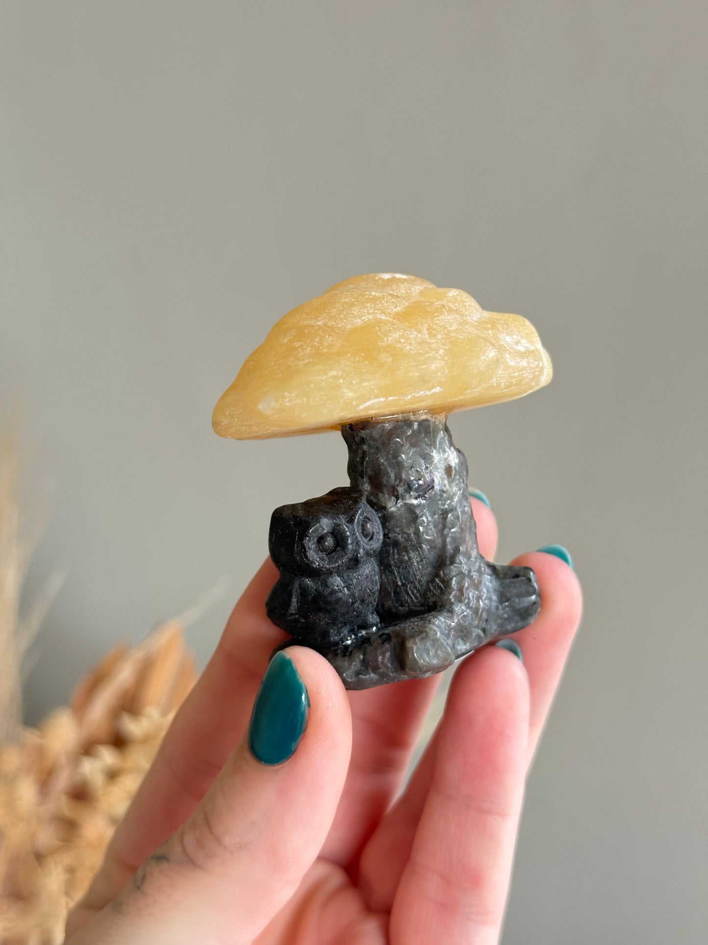 Obsidian Owl on Yooperlite and Yellow Calcite Tree
