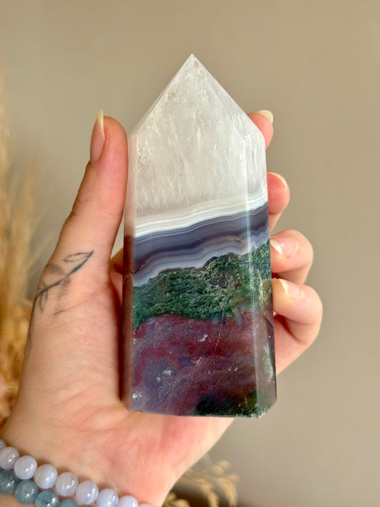 Colourful Moss Agate and Quartz Tower