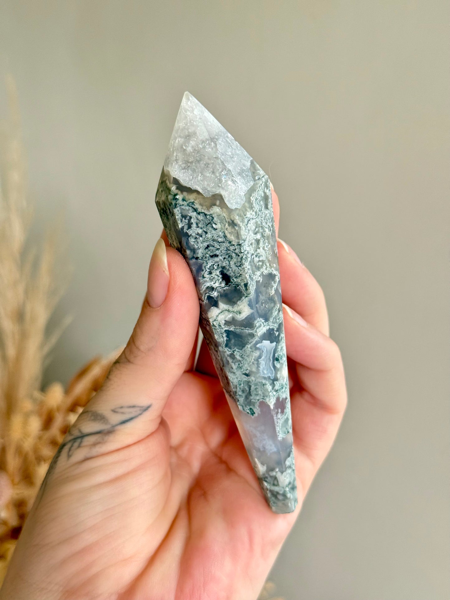 Moss Agate and Quartz Wand